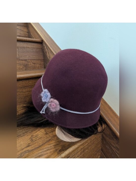 Vintage Hat Tristan Wool Felt Burgundy Cloche Hat with Floral Cashmere Accents